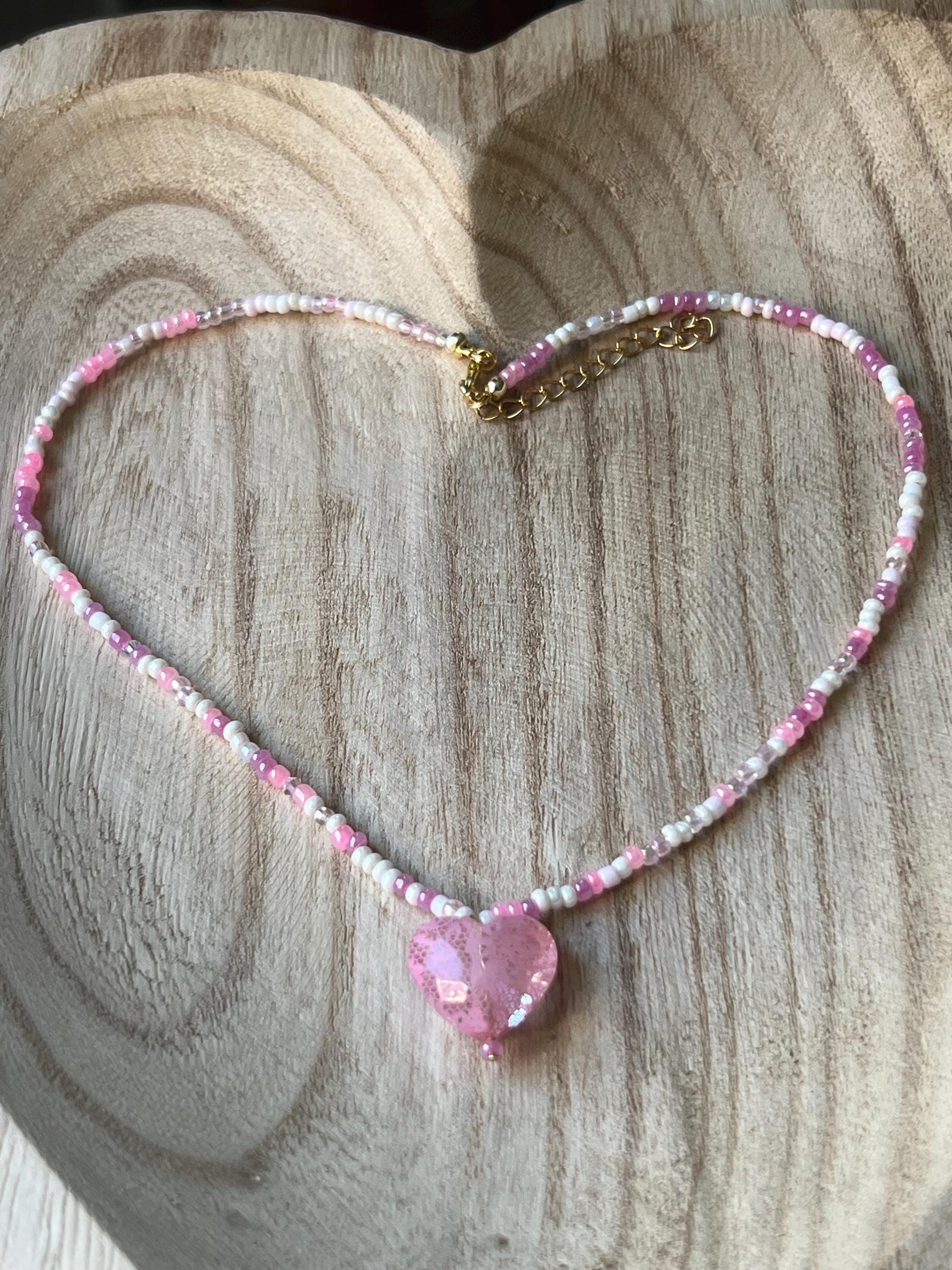 Pink heart necklace on model - Valentine's Day beaded gift jewelry