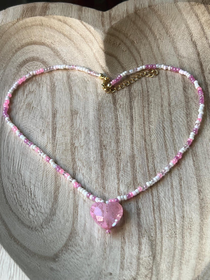 Pink heart necklace on model - Valentine's Day beaded gift jewelry