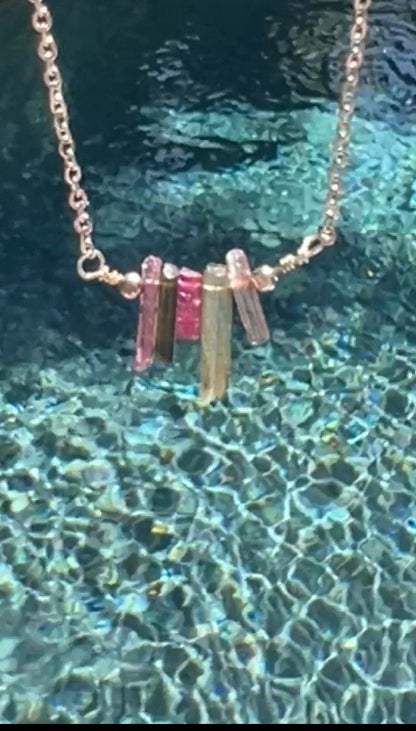 Pink tourmaline crystal pendant - handmade wire wrap necklace dainty tiny stones