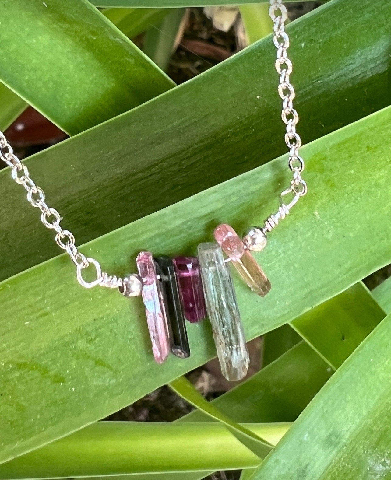 Pink tourmaline healing crystal necklace - sterling silver wire wrapped pendant