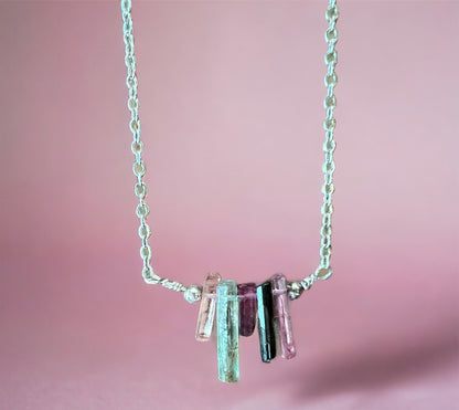 Pink tourmaline wire wrapped necklace - AAA raw crystal pendant boho style