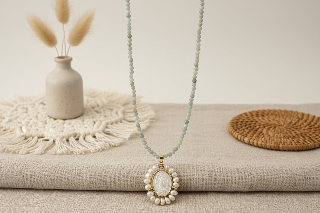 Premium Amazonite Miraculous Mary necklace with Virgin Mary pendant - Catholic faith jewelry sterling silver