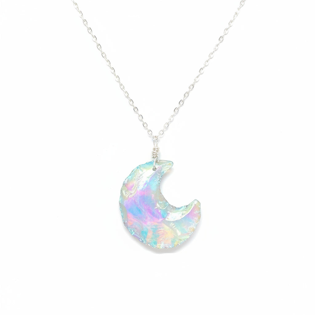  Premium angel aura opalite moon necklace with rainbow iridescence in 14K gold - wire wrapped crystal pendant