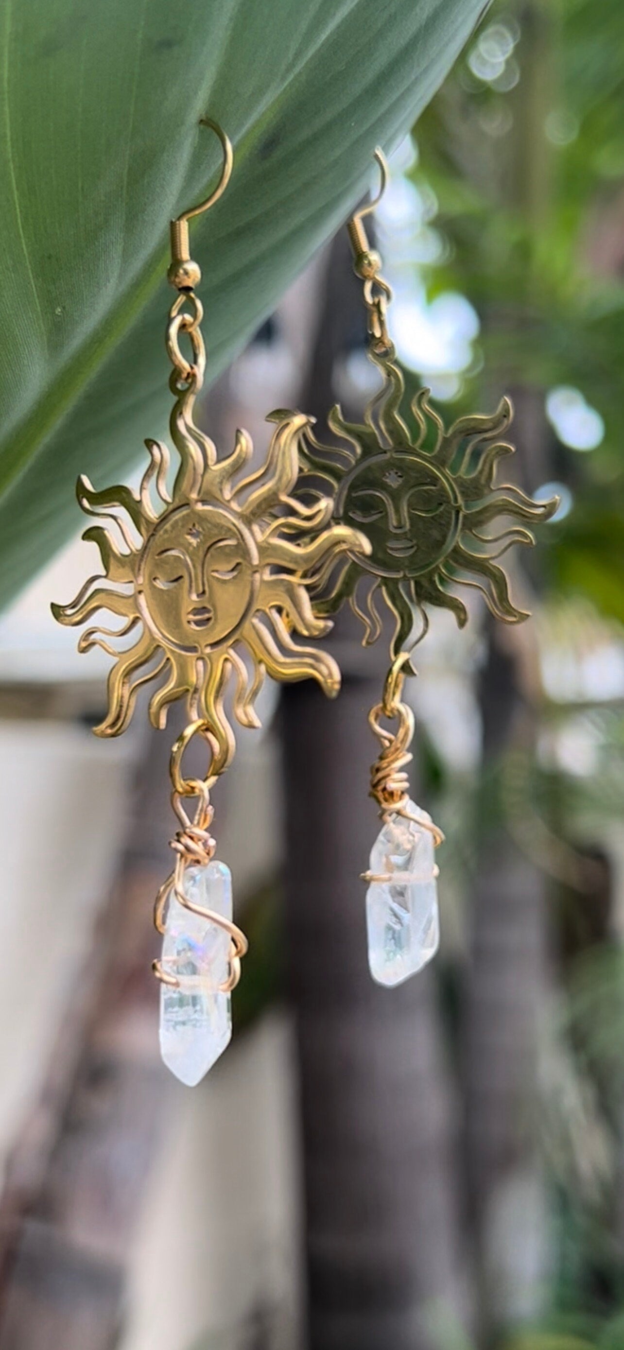 Premium angel aura quartz earrings with raw crystal sun design in 316L stainless steel - rainbow iridescent dangle earrings