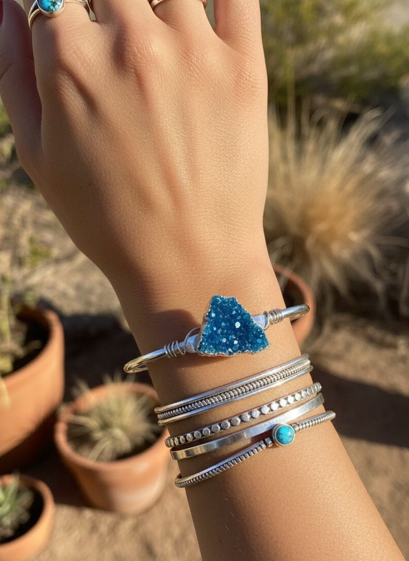 Premium druzy agate bangle bracelet with wire wrapped copper - natural stone cuff handcrafted jewelry