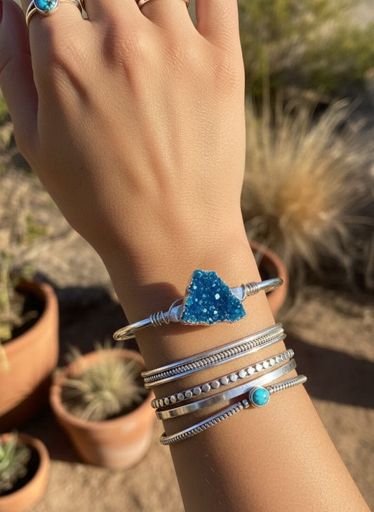 Premium druzy agate bangle bracelet with wire wrapped copper - natural stone cuff handcrafted jewelry