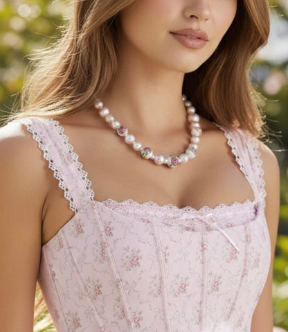 Premium pearl ceramic flower necklace with gold plated accents - one-of-a-kind boho statement jewelry