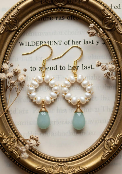 Premium pearl cluster earrings with aqua onyx gemstone dangle - handcrafted bridal jewelry