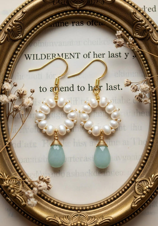 Premium pearl cluster earrings with aqua onyx gemstone dangle - handcrafted bridal jewelry