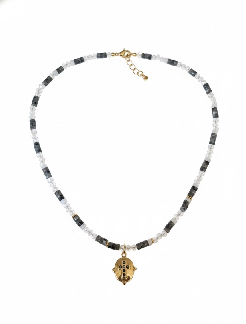 Premium sparkly cross necklace with natural stone crystal beads - shimmering faith jewelry one-of-a-kind