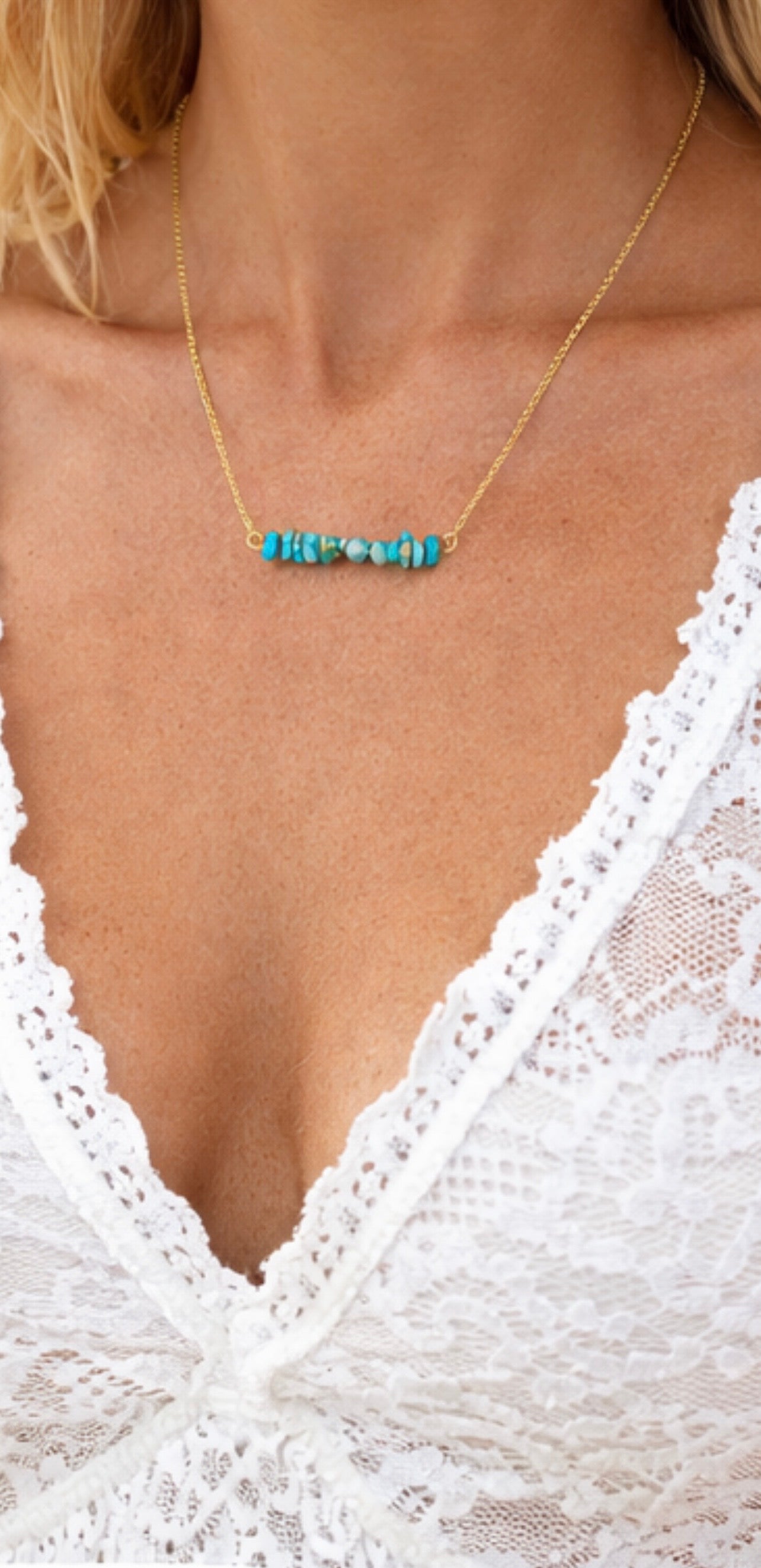 Premium turquoise bar necklace with natural stones in 14K gold filled chain - handcrafted boho jewelry