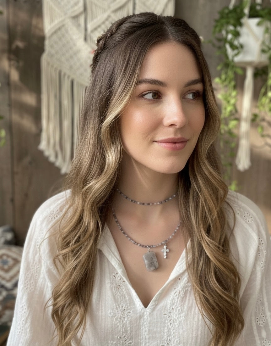 Purple amethyst necklace with cross charm spiritual jewelry