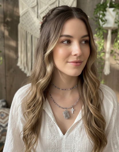 Purple amethyst necklace with cross charm spiritual jewelry