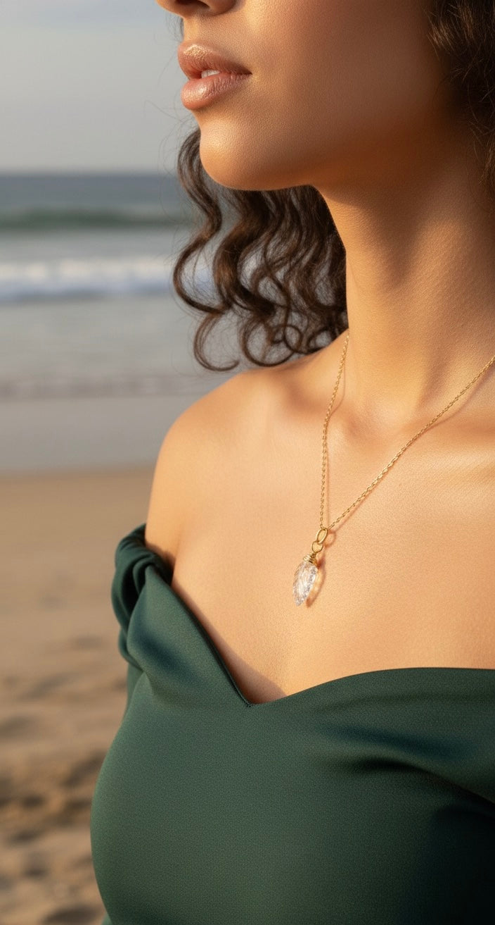 Quartz crystal leaf necklace in 14K gold or sterling silver - one of a kind gemstone jewelry
