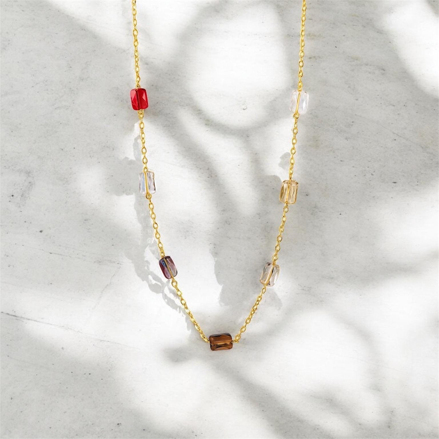 Rainbow crystal dainty necklace 14K gold filled - handmade minimalist jewelry