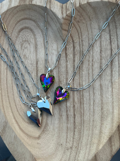Rainbow heart pendant necklace crystal stainless steel - sparkly hypoallergenic jewelry