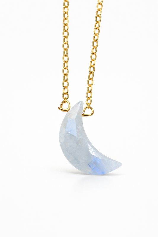 Rainbow moonstone crescent necklace handmade with 14k gold - close up showing blue flash iridescence