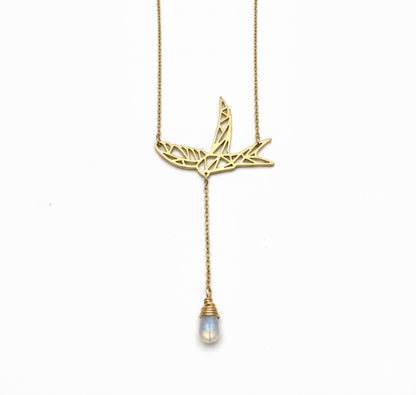Rainbow moonstone bird Y necklace - June birthstone jewelry handmade pendant