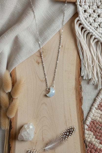Rainbow moonstone crescent moon necklace - hand carved AAA gemstone with blue flash