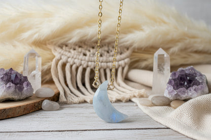 Rainbow moonstone crescent necklace sterling silver - premium hand-carved gemstone with iridescence