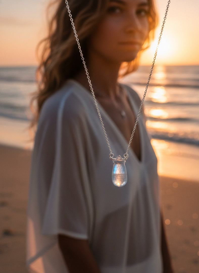 Rainbow moonstone necklace detail - 14K gold filled wire wrap and natural gemstone pendant