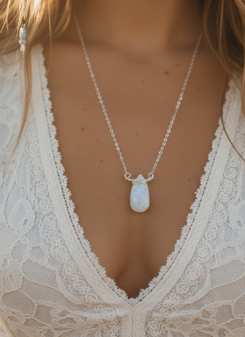 Rainbow moonstone pendant necklace on model - delicate June birthstone jewelry in gold filled chain