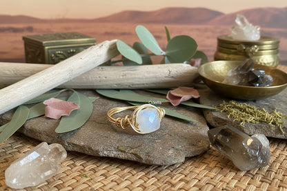Rainbow moonstone ring - wire wrapped crystal ring nickel free