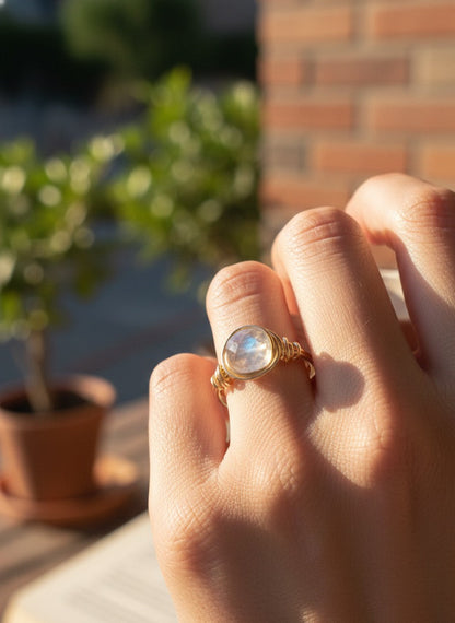 Rainbow moonstone ring gold plated - handmade wire wrap crystal ring