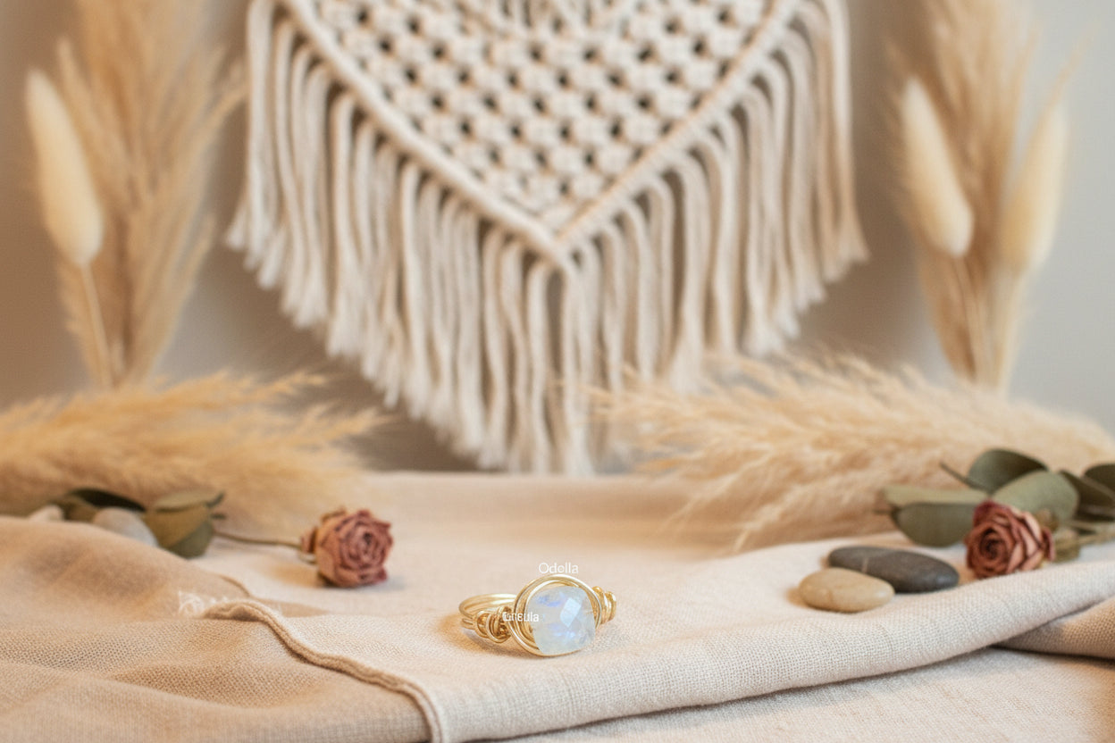 Rainbow moonstone ring silver plated - handmade wire wrap gemstone ring