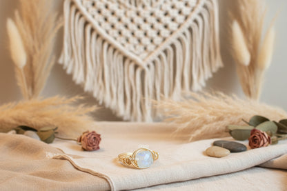 Rainbow moonstone ring silver plated - handmade wire wrap gemstone ring