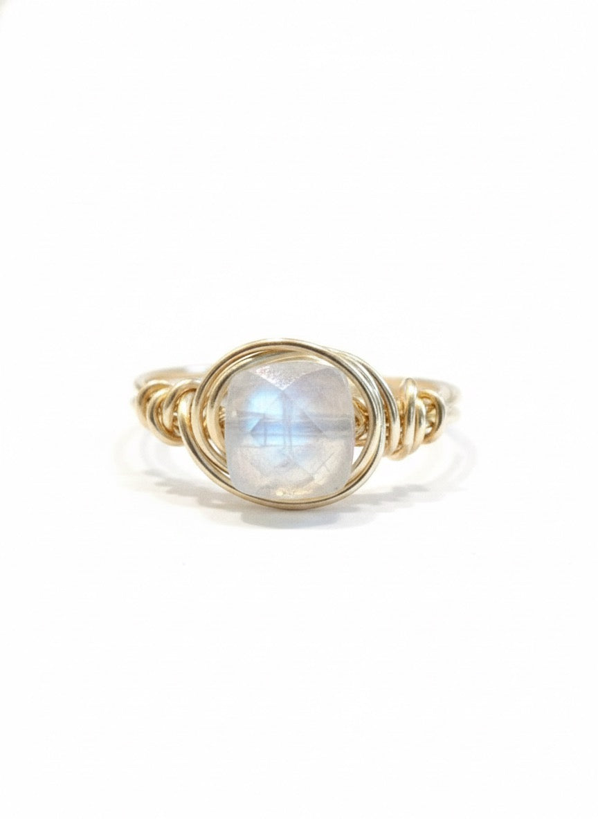 Rainbow moonstone ring wire wrapped - cushion cut AAA moonstone with blue flash