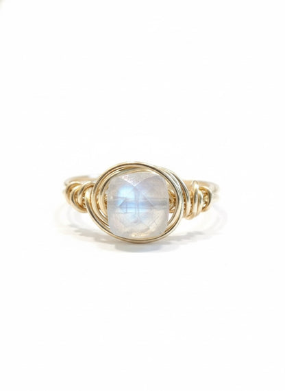 Rainbow moonstone ring wire wrapped - cushion cut AAA moonstone with blue flash