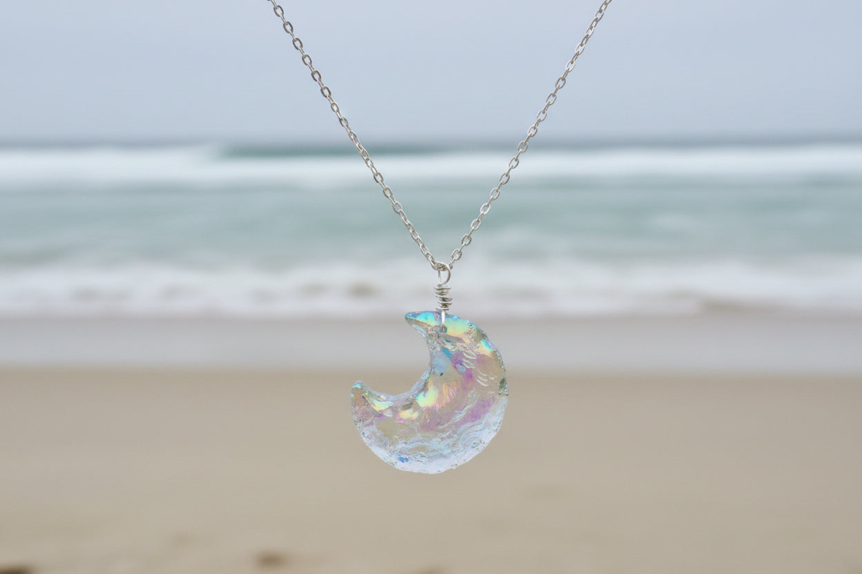 Rainbow opalite moon pendant necklace in 14K gold filled - mystical celestial jewelry