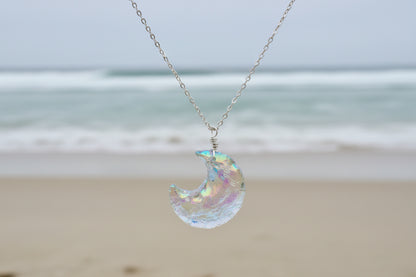 Rainbow opalite moon pendant necklace in 14K gold filled - mystical celestial jewelry