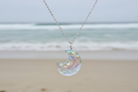 Rainbow opalite moon pendant necklace in 14K gold filled - mystical celestial jewelry