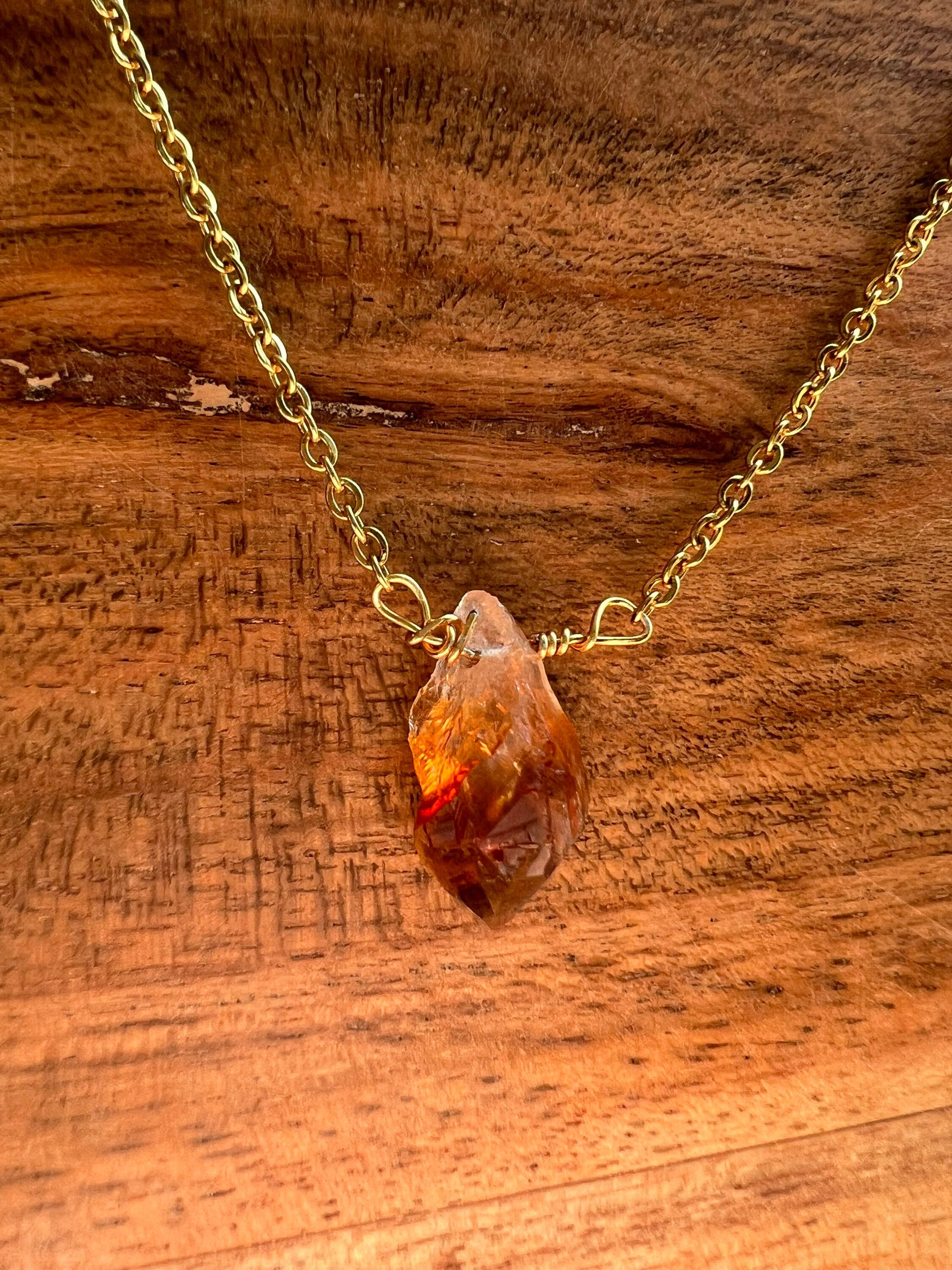 Raw citrine gemstone necklace - natural nugget shape burnt orange stone