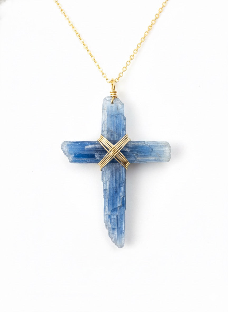 Raw kyanite cross necklace - natural blue gemstone pendant Christian jewelry