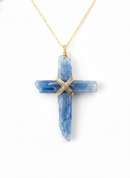Raw kyanite cross necklace - natural blue gemstone pendant Christian jewelry