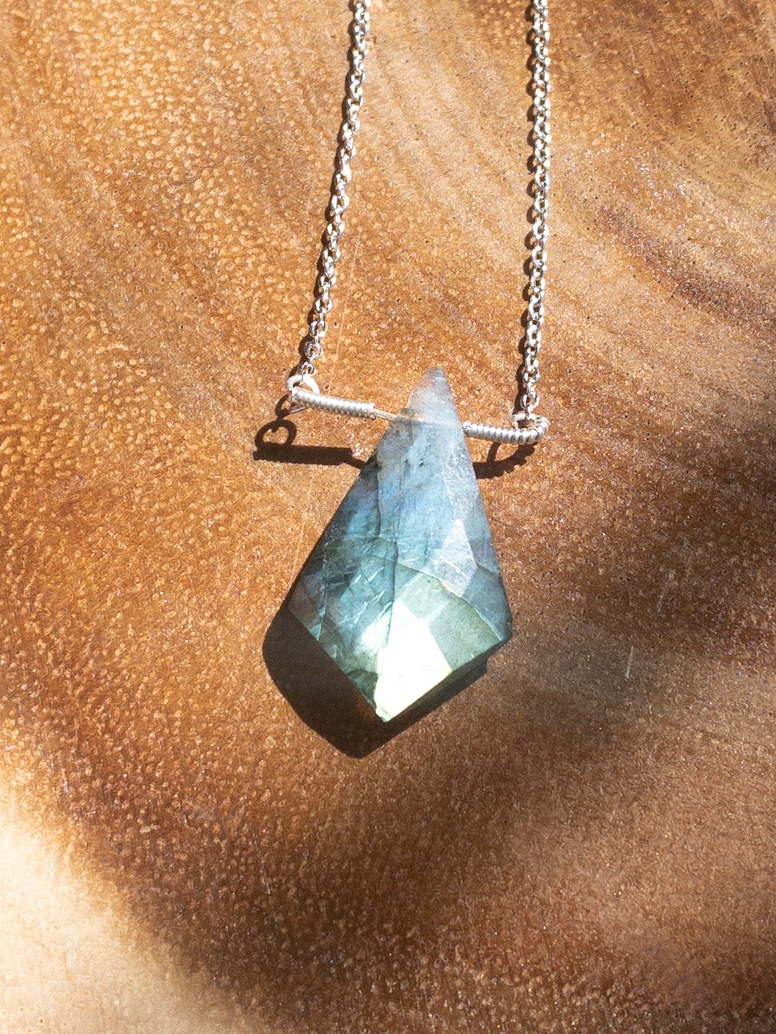 Raw labradorite gemstone necklace - natural point pendant with blue flash