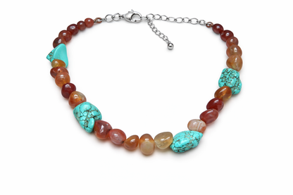 Red agate and turquoise beaded necklace - handmade statement jewelry with gold sterling silver clasp