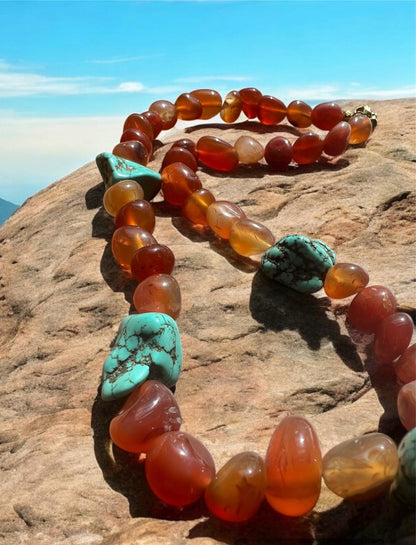 Red agate beaded necklace close up - natural gemstone turquoise statement piece