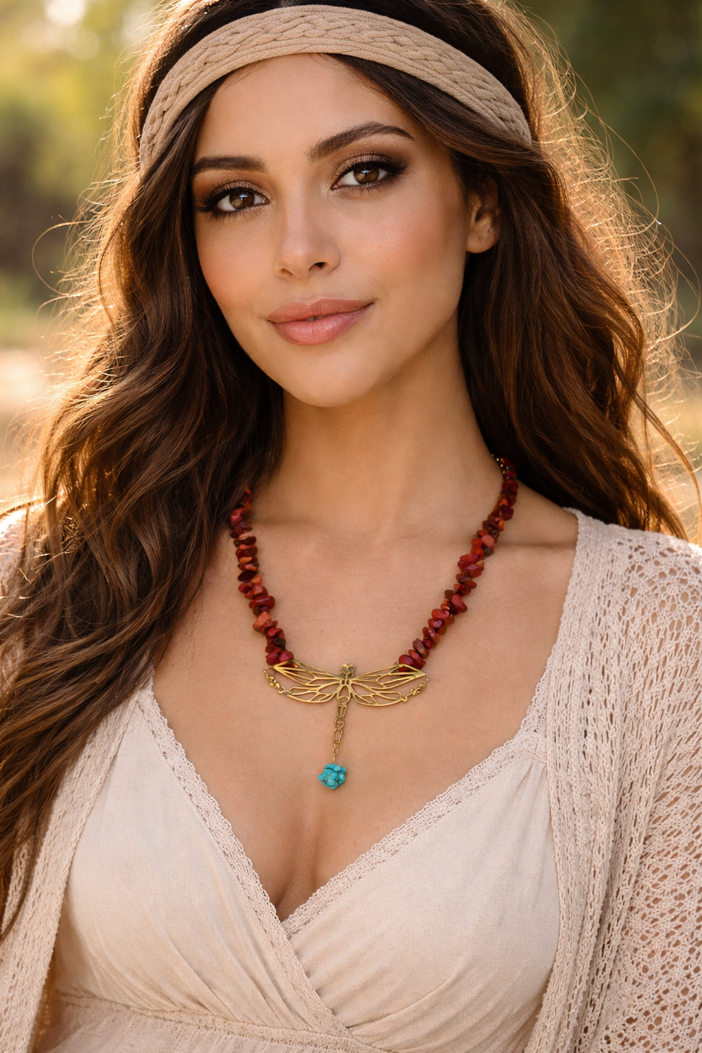 Red jasper turquoise dragonfly necklace - natural stone chip beads hypoallergenic one-of-a-kind