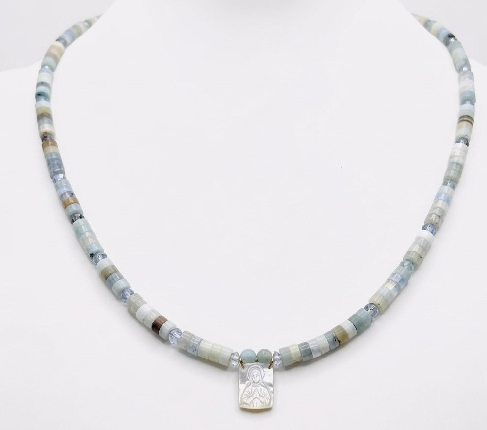 Saint Mary necklace with natural stone beads and pearl charm - dainty Catholic faith jewelry handmade