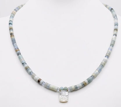 Saint Mary necklace with natural stone beads and pearl charm - dainty Catholic faith jewelry handmade