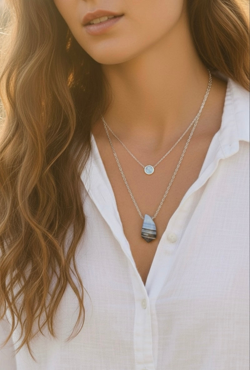 Serenity blue opal necklace worn - sterling silver layering necklace on model"