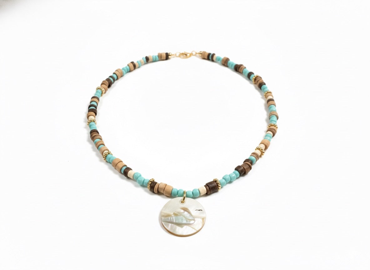 Shell inlay landscape necklace mother of pearl - handcrafted 3D intarsia technique gift ready