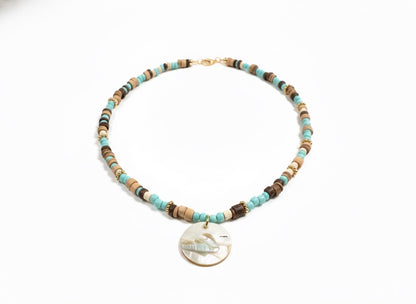 Shell inlay landscape necklace mother of pearl - handcrafted 3D intarsia technique gift ready