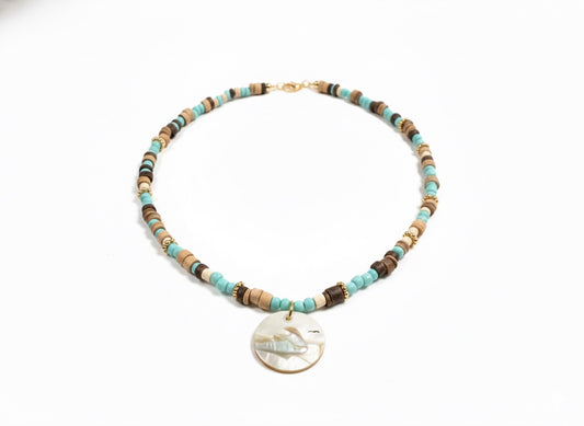 Shell inlay landscape necklace mother of pearl - handcrafted 3D intarsia technique gift ready