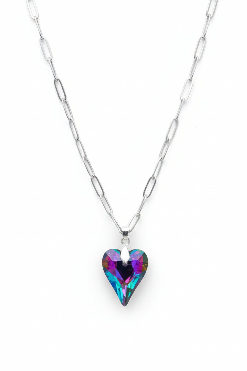 Stainless steel rainbow crystal heart necklace - sparkly waterproof hypoallergenic