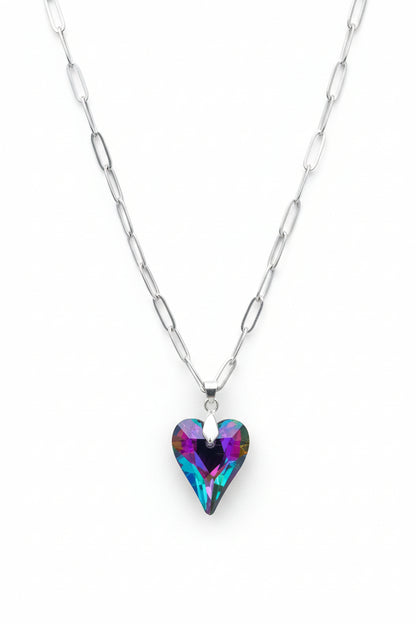 Stainless steel rainbow crystal heart necklace - sparkly waterproof hypoallergenic